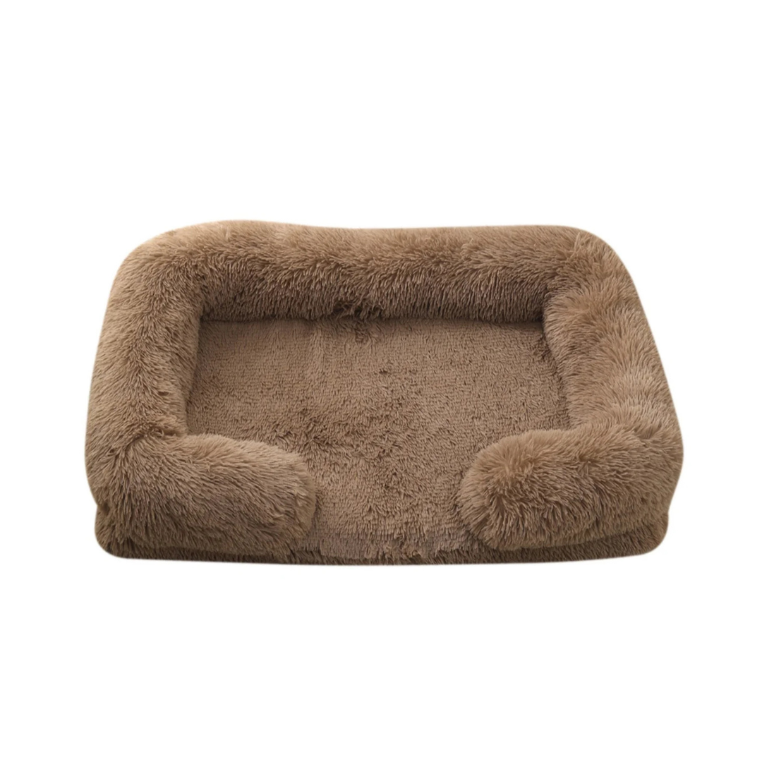 Khaki Square Pet Cushion Bed Thick Plush Sofa Style Mat for Indoor Cats and Dogs