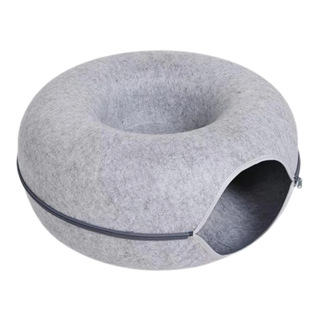 Light Grey Round Felt Cat Tunnel Bed Donut Nest Cat House with Scratcher Design for Cats