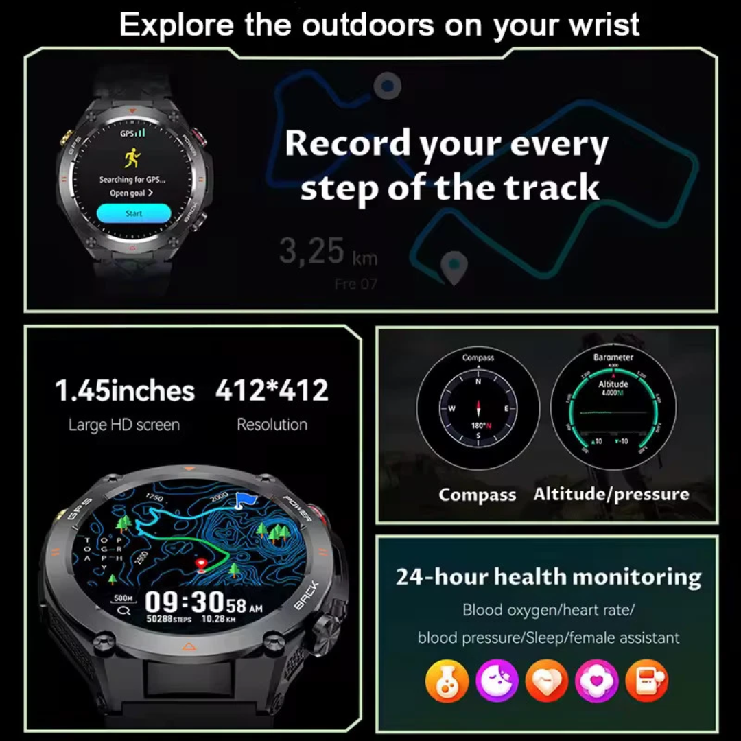 Waterproof GPS Fitness Smart Watch with Bluetooth Call and 650mAh Battery