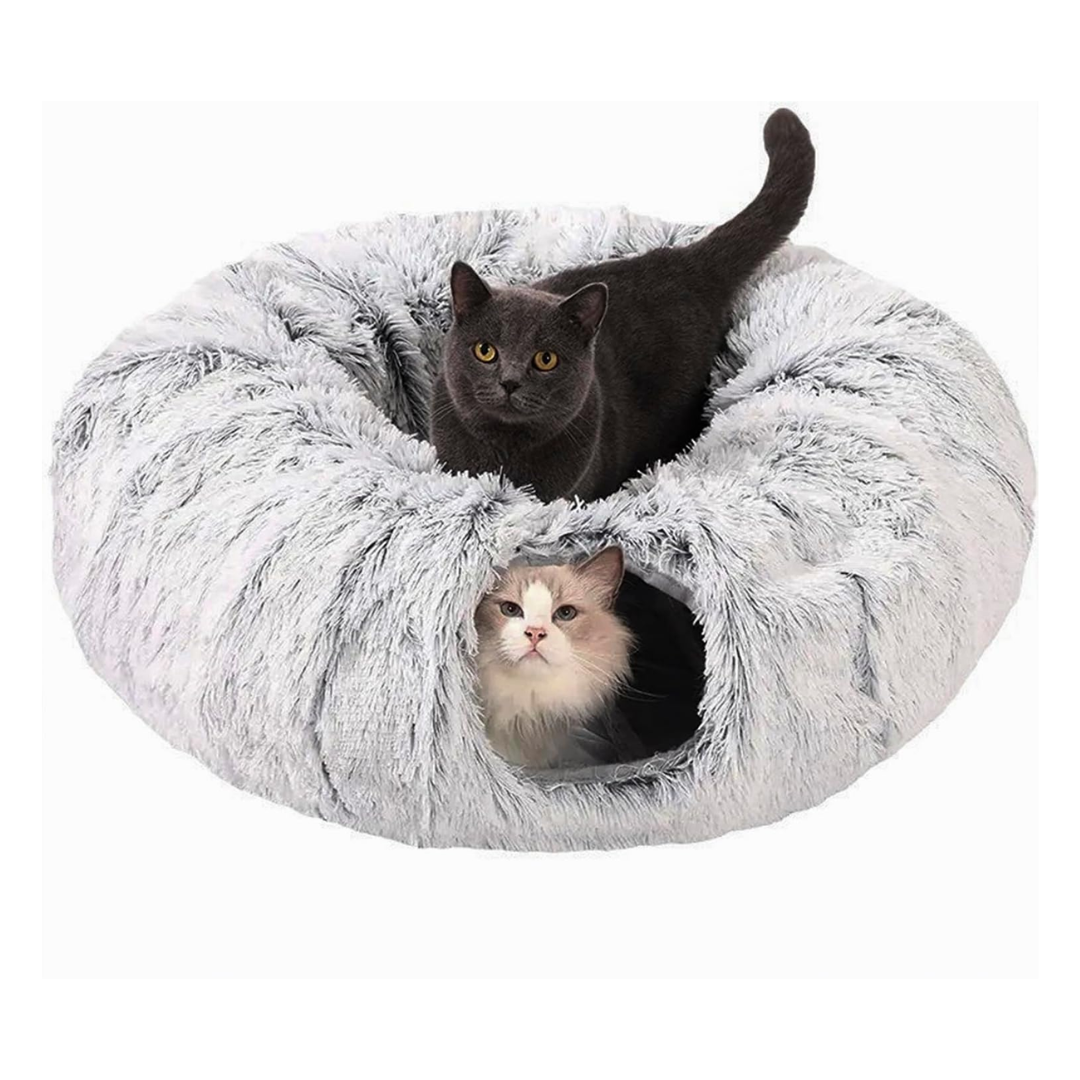 Light Grey Plush Cat Tunnel Bed 2-in-1 Foldable Round Pet Nest for Indoor Cats