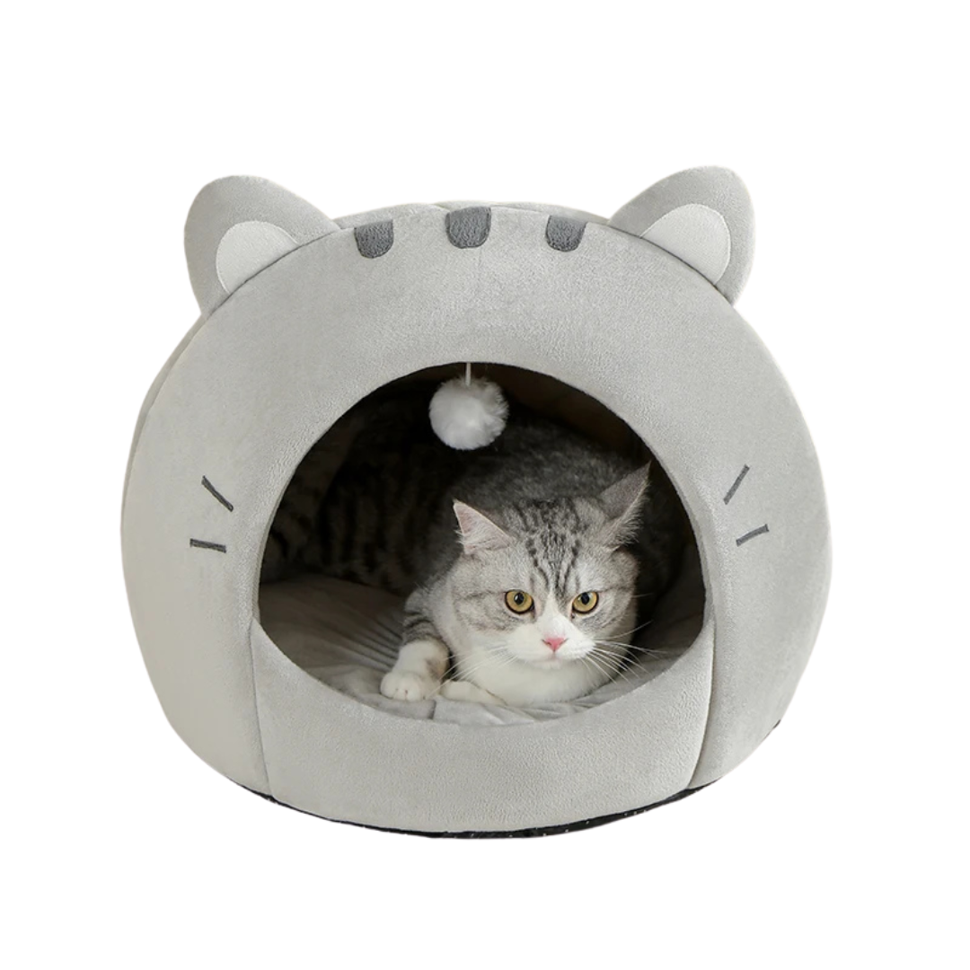 Grey Enclosed Cotton Cat Cave Bed Pet House Cushion for Indoor Cats and Small Dogs