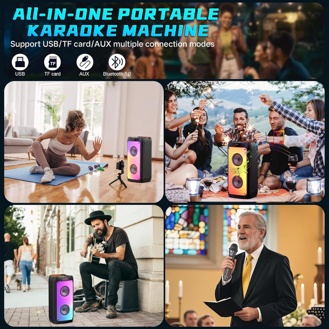 Wireless Karaoke Machine with Dual Microphones Portable Speaker LED Light USB Powered