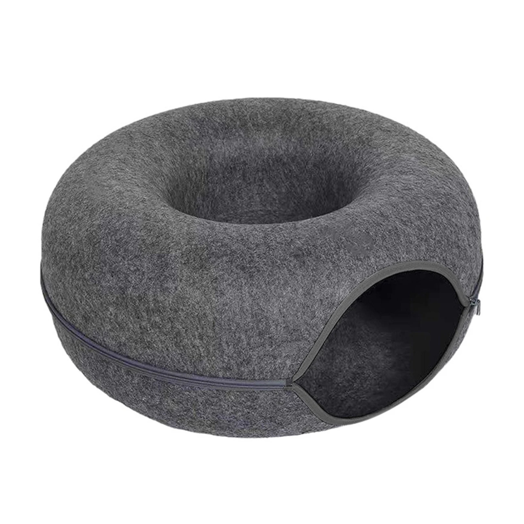 Dark Grey Round Felt Cat Tunnel Bed Donut Nest Cat House with Zipper Design for Cats