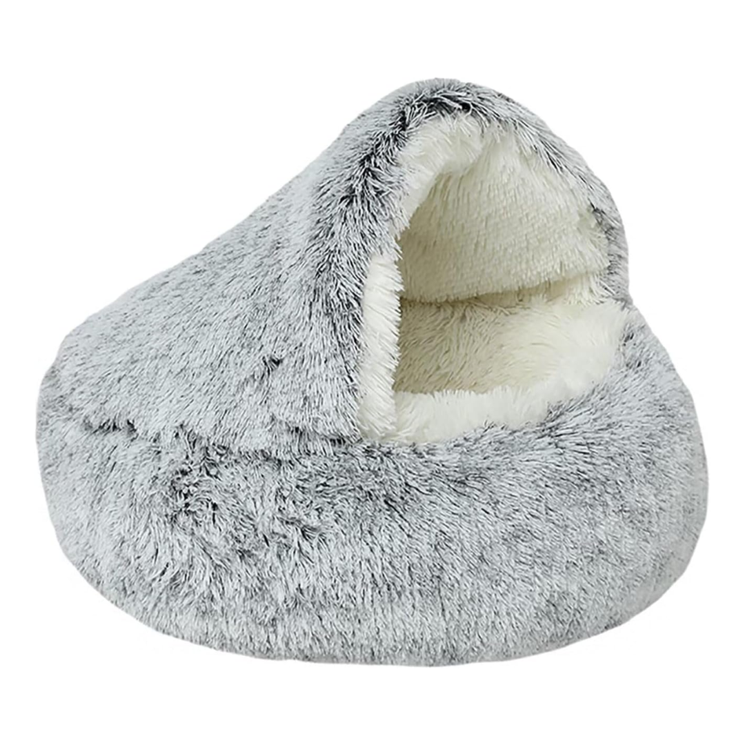 Grey Round Plush Pet Bed 2-in-1 Covered Cat Nest Soft Cushion for Cats and Small Dogs