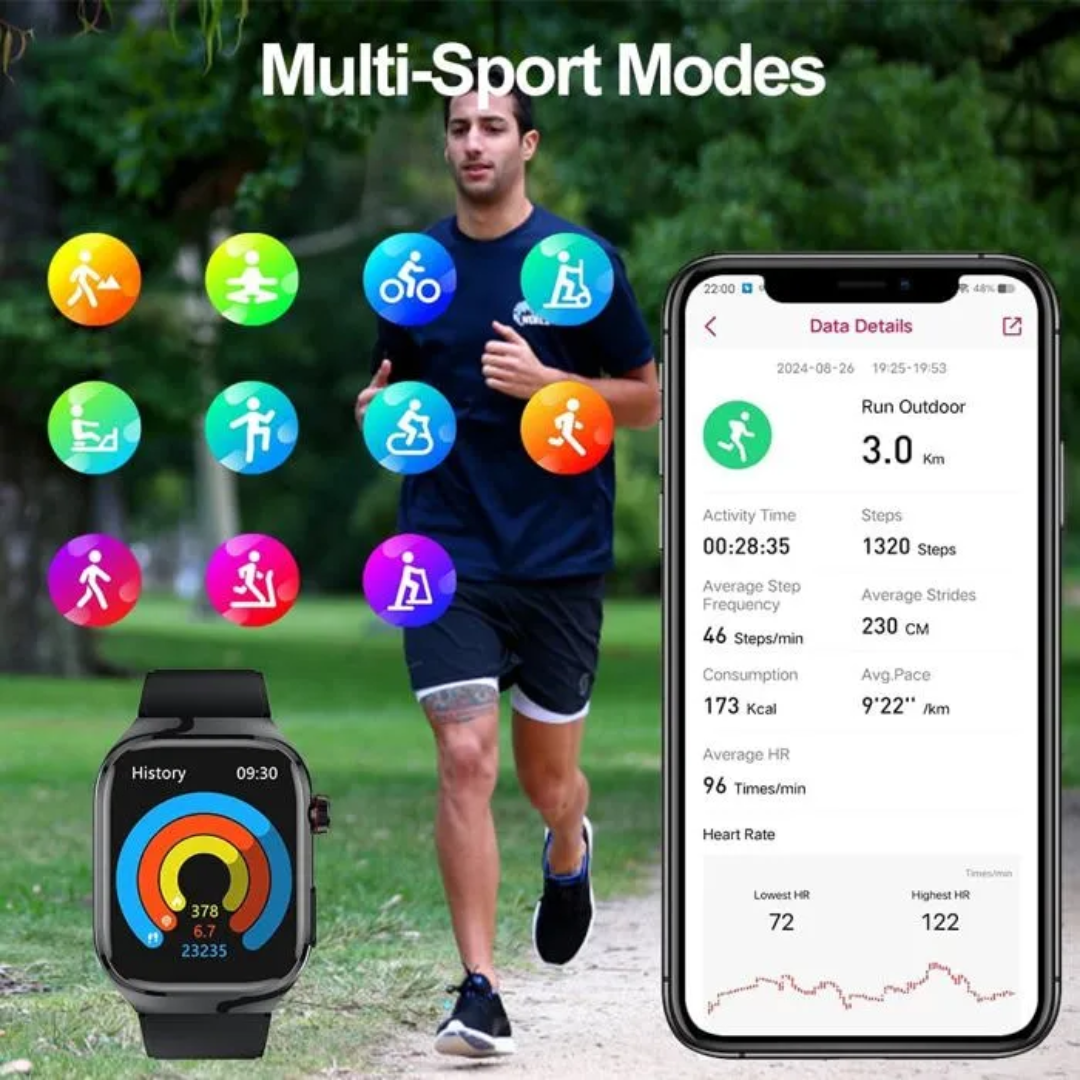 Smart Fitness Watch with AMOLED Display, Heart Rate Tracking, Bluetooth Call, Waterproof