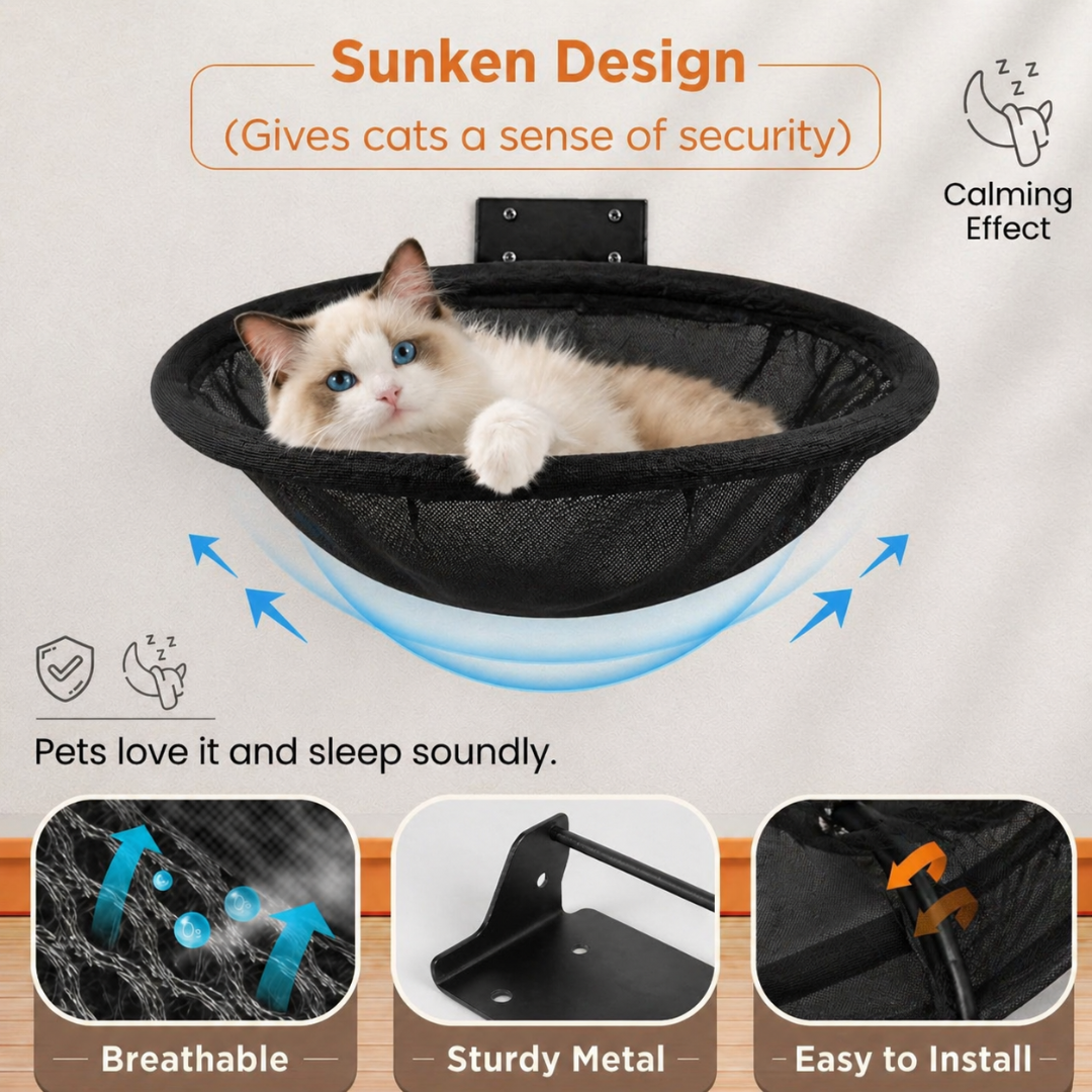 Black Wall Mounted Cat Hammock Perch Foldable Indoor Metal Frame Shelf
