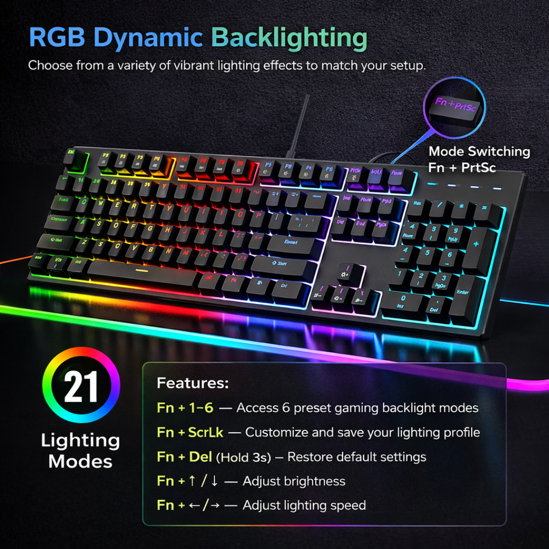 RGB Backlit Mechanical Keyboard 104 Key Wired Ergonomic Gaming Keyboard USB for Desktop Laptop