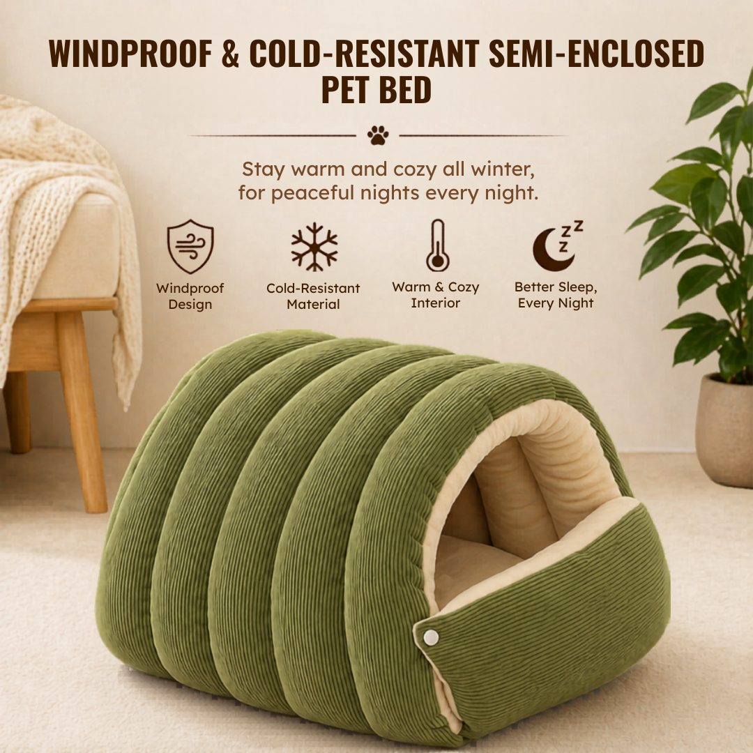 Green Enclosed Pet Bed Plush Cat Nest Soft Cushion House for Cats and Small Dogs
