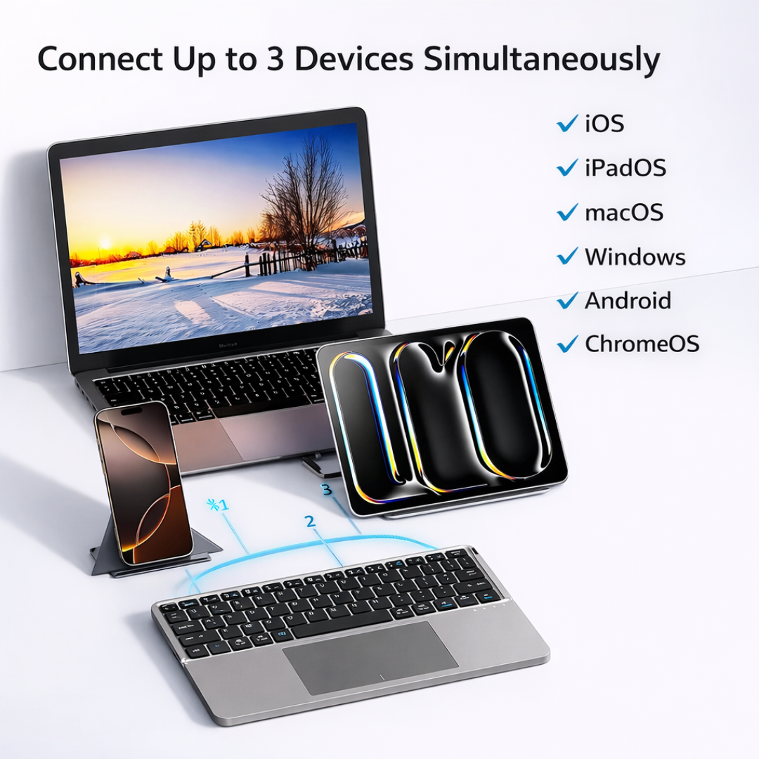 Foldable Bluetooth Keyboard with Touchpad and Phone Holder Rechargeable Portable Keyboard for Tablet Laptop