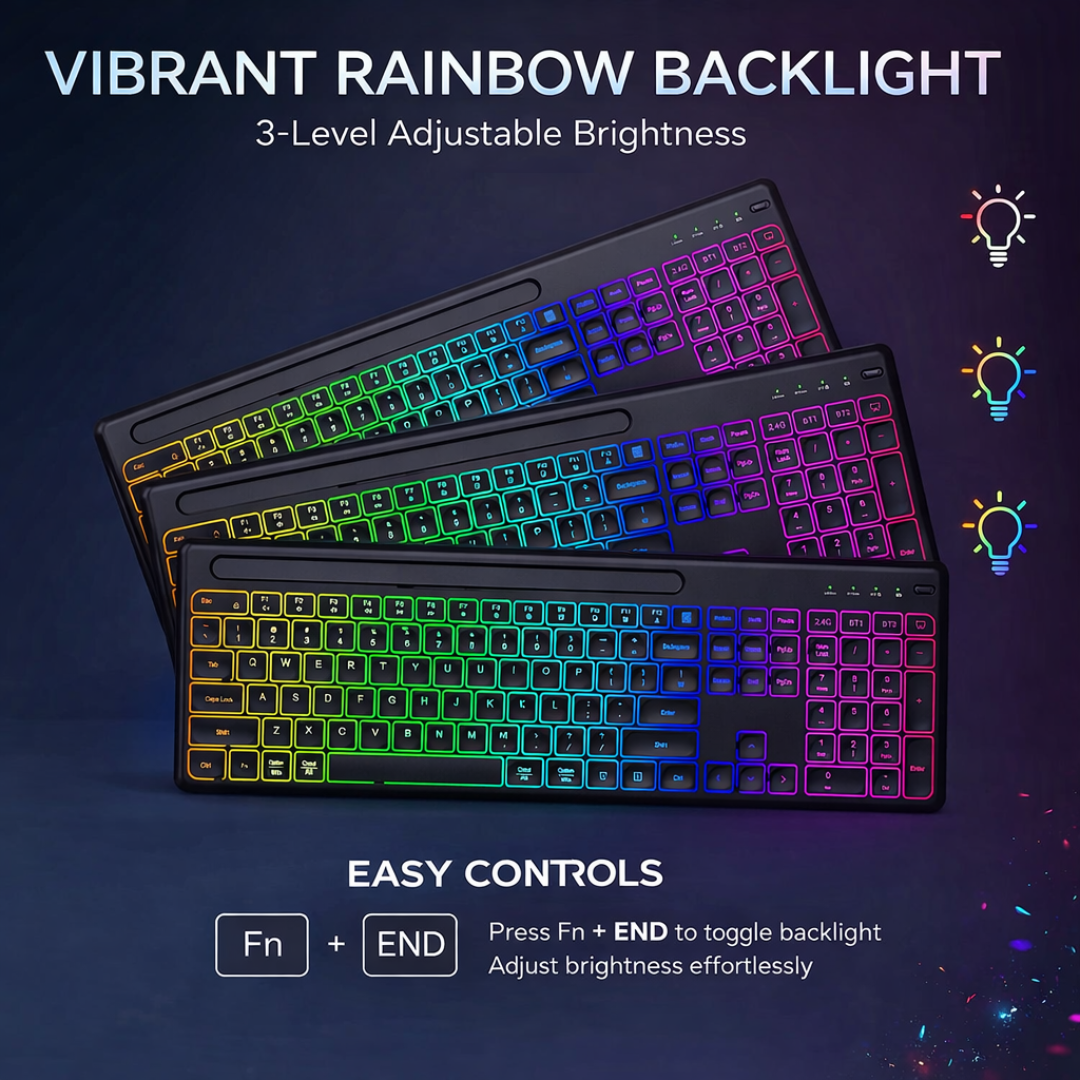Wireless Keyboard Mouse Set Backlit Full Size Ergonomic with Phone Tablet Holder 2.4G USB