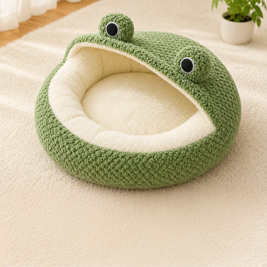 Green Plush Pet House Frog Design Semi Enclosed Cat Bed Cushion for Cats and Small Dogs