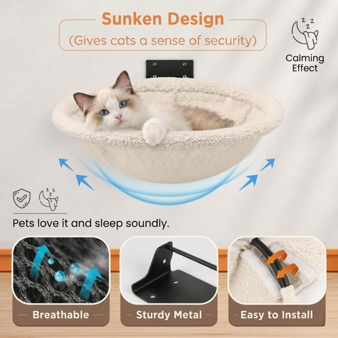White Foldable Cat Wall Perch Hammock Bed Metal Frame Indoor Shelf