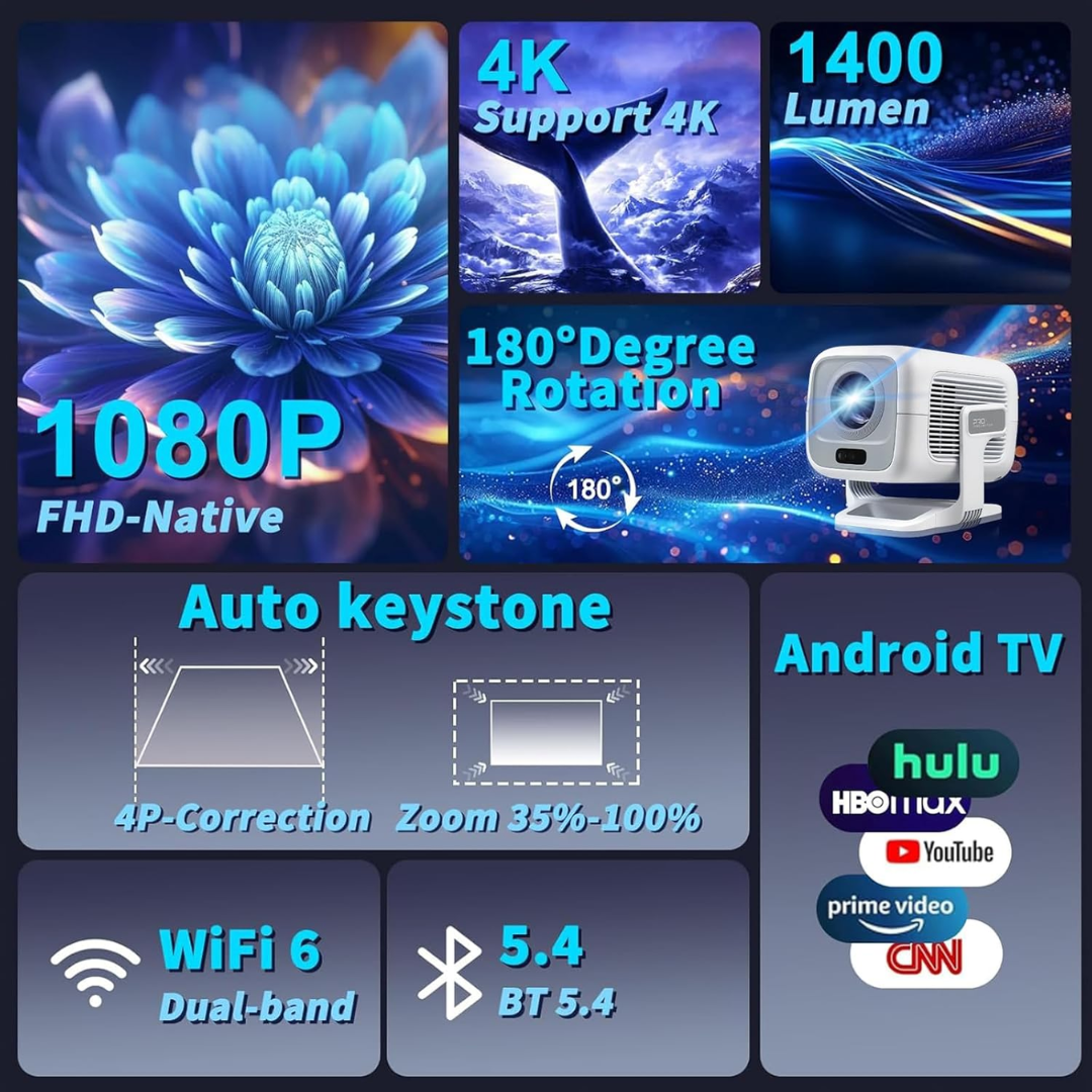 4K Android Projector Portable Auto Focus 600 ANSI LED Video Projector with Bluetooth