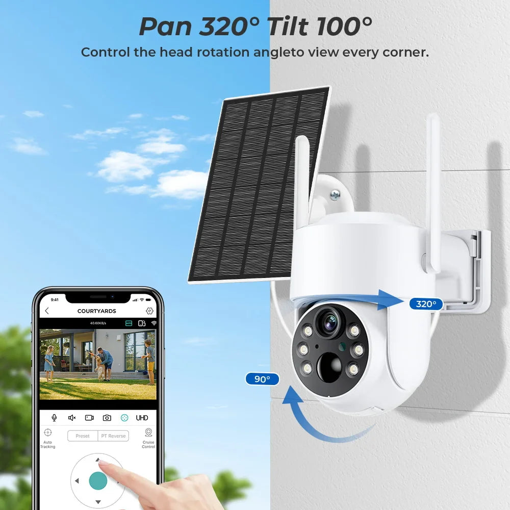 Solar Security Camera 4MP HD Wireless with PIR Motion Detection, PTZ Control, Night Vision and 128GB SD Card