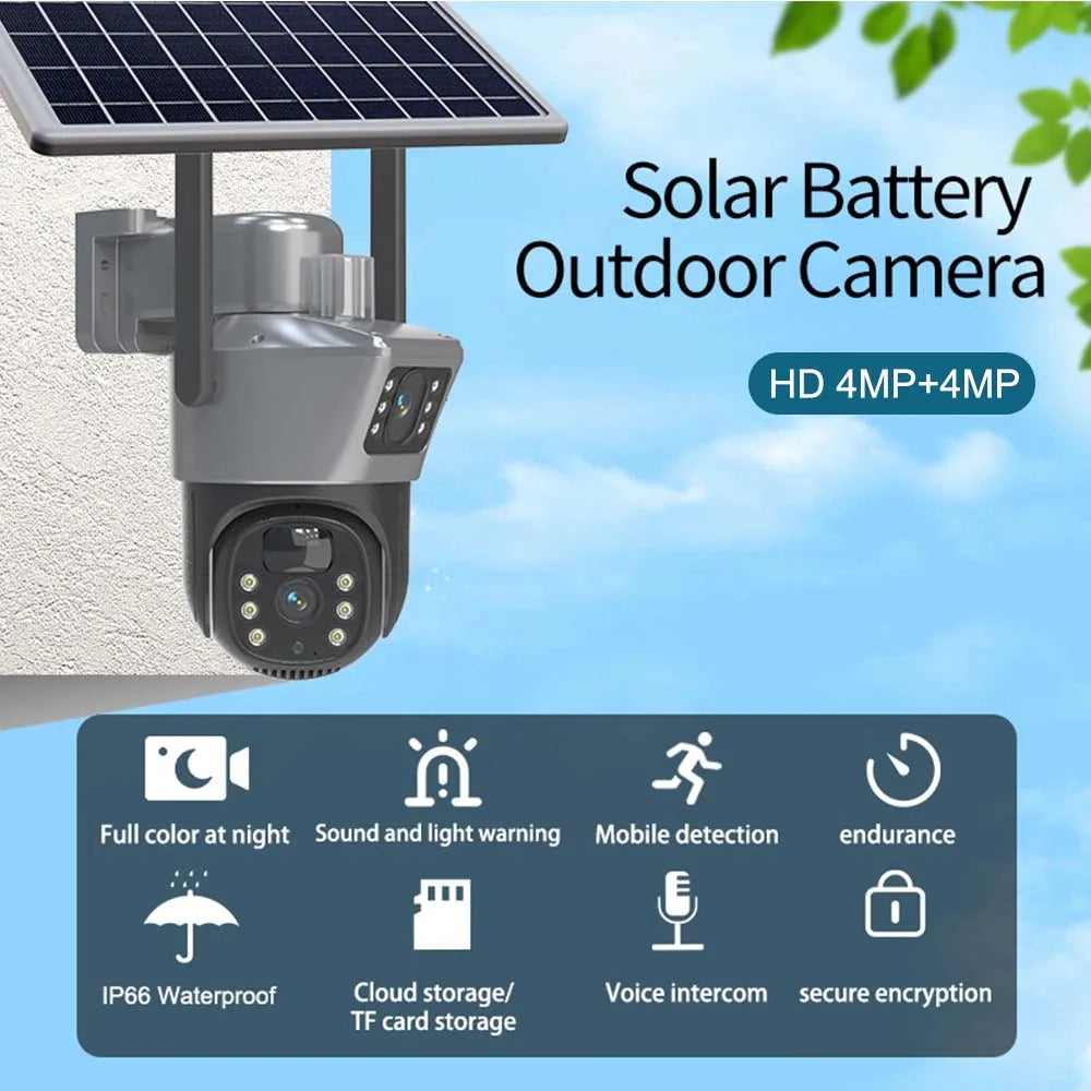 Solar Powered 8MP 4K Outdoor Security Camera with Dual Lens, Night Vision, Motion Detection and 128GB SD Card