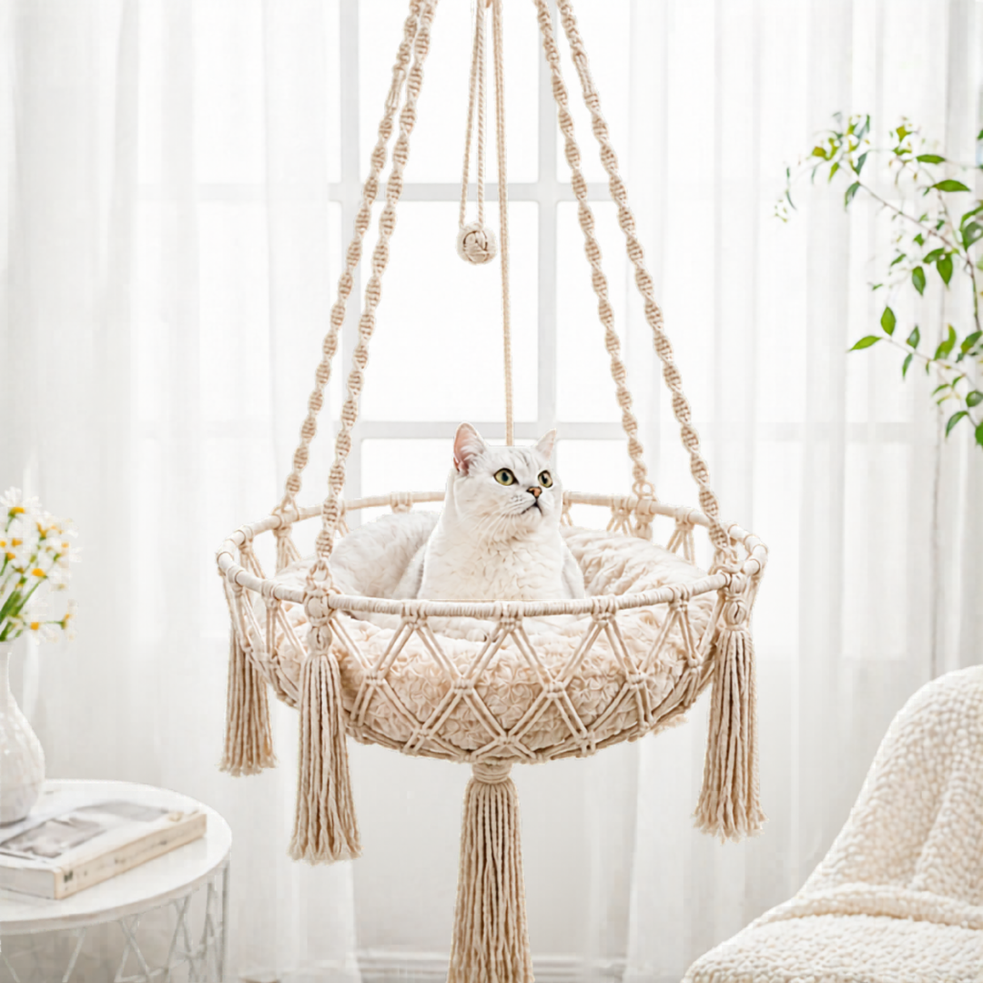 Hand Woven Cat Hanging Hammock Indoor Pet Basket with Cushion
