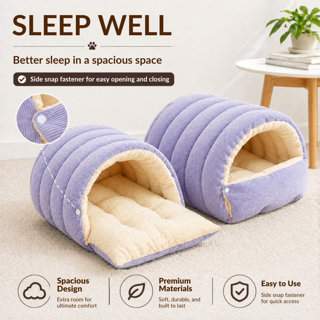 Purple Soft Plush Cat Cave Bed Enclosed Pet Nest Cushion for Cats and Small Dogs