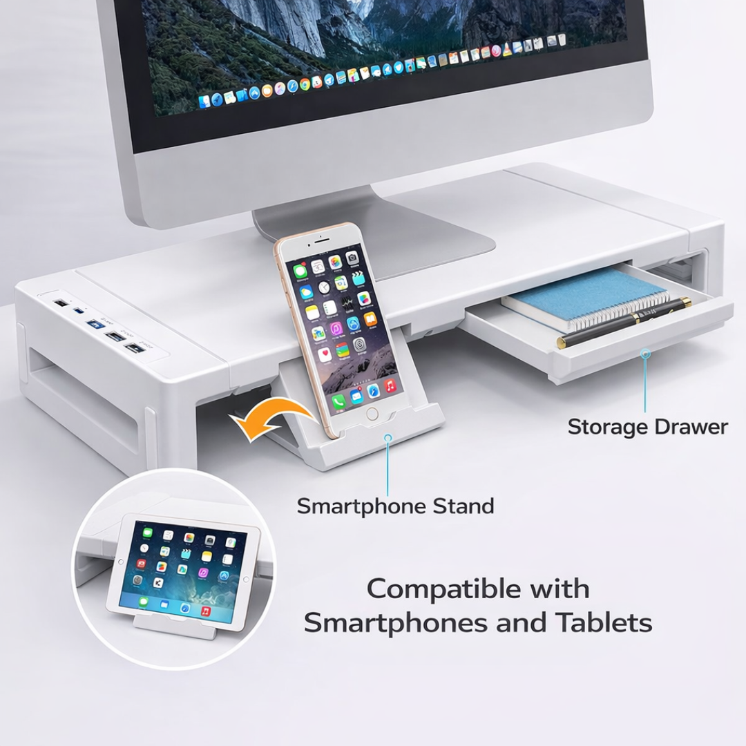 Foldable Monitor Stand Riser Adjustable Desk Shelf with Storage Drawer for Laptop PC Tablet
