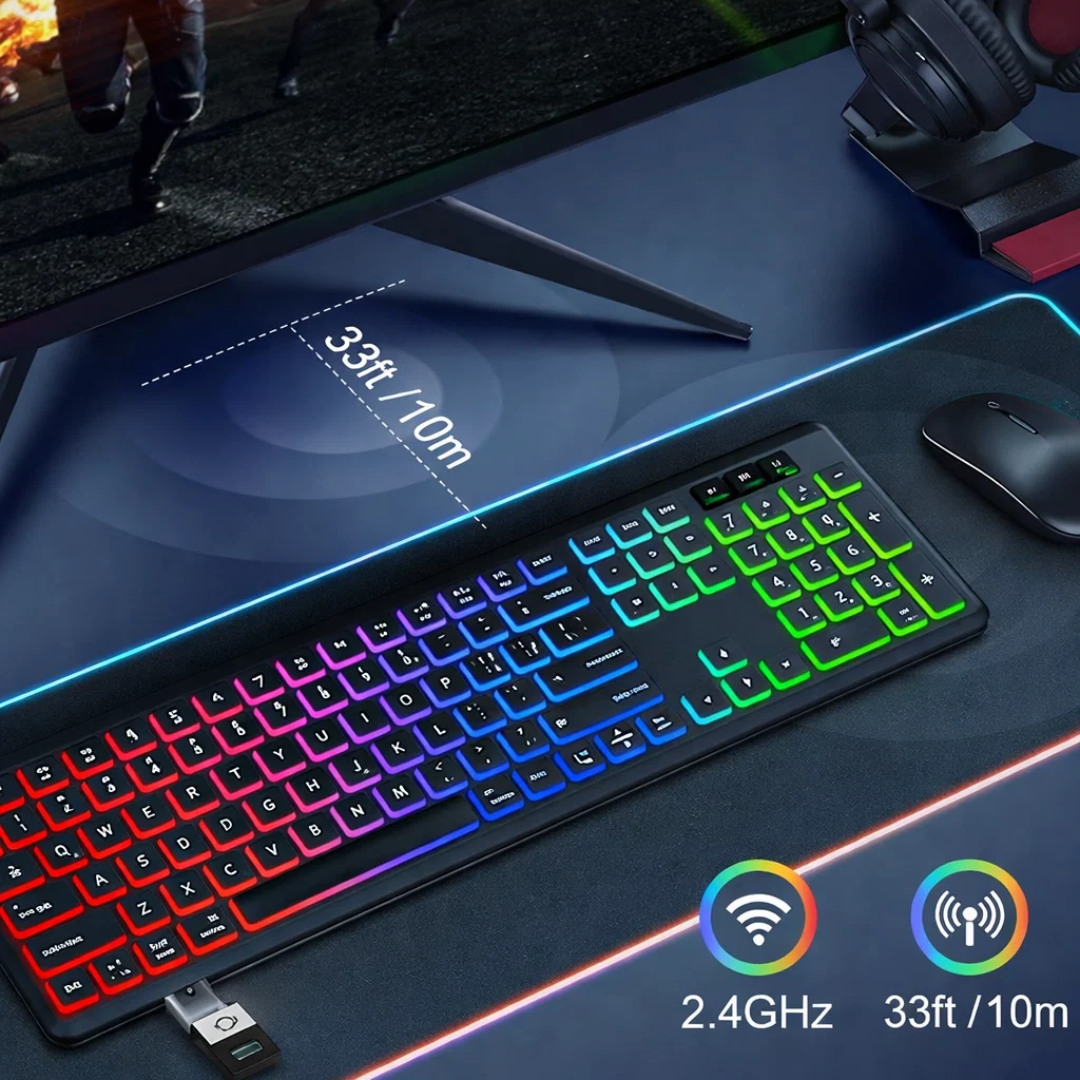 Rechargeable Wireless Keyboard Mouse Combo RGB Backlit Full Size Ergonomic 2.4G USB