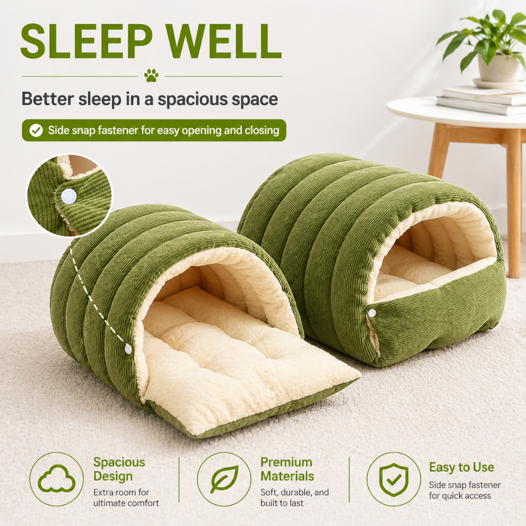 Green Enclosed Pet Bed Plush Cat Nest Soft Cushion House for Cats and Small Dogs