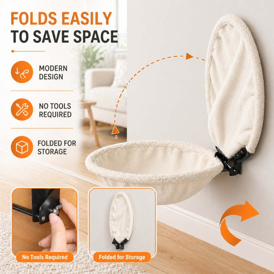 White Foldable Cat Wall Perch Hammock Bed Metal Frame Indoor Shelf