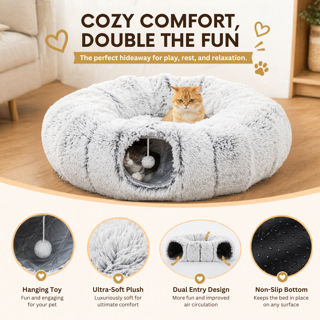 Light Grey Plush Cat Tunnel Bed 2-in-1 Foldable Round Pet Nest for Indoor Cats