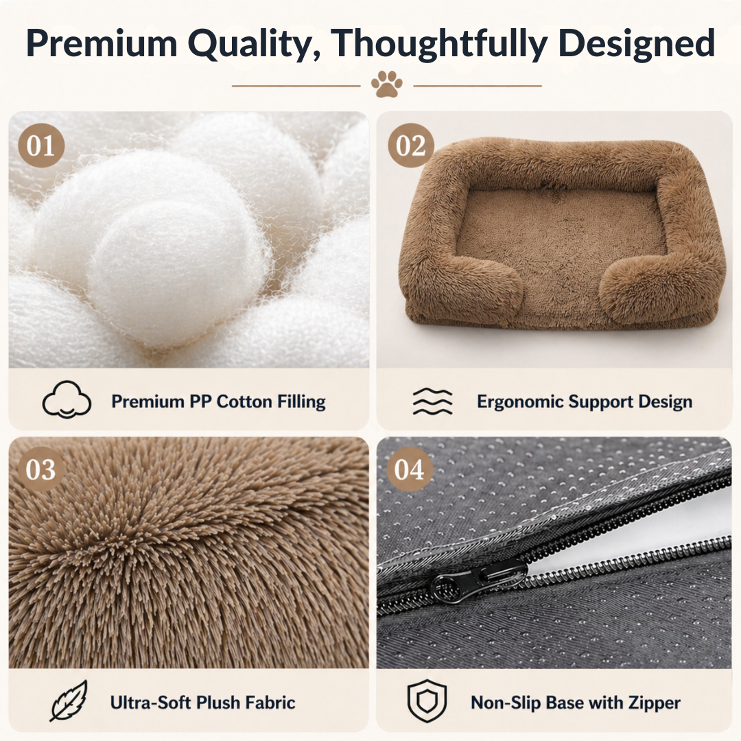 Khaki Square Pet Cushion Bed Thick Plush Sofa Style Mat for Indoor Cats and Dogs