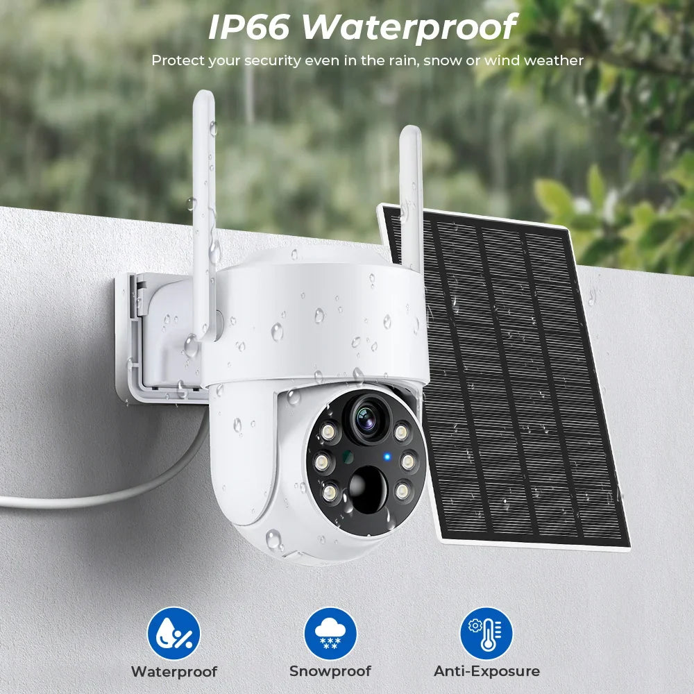 Solar Security Camera 4MP HD Wireless with PIR Motion Detection, PTZ Control, Night Vision and 128GB SD Card