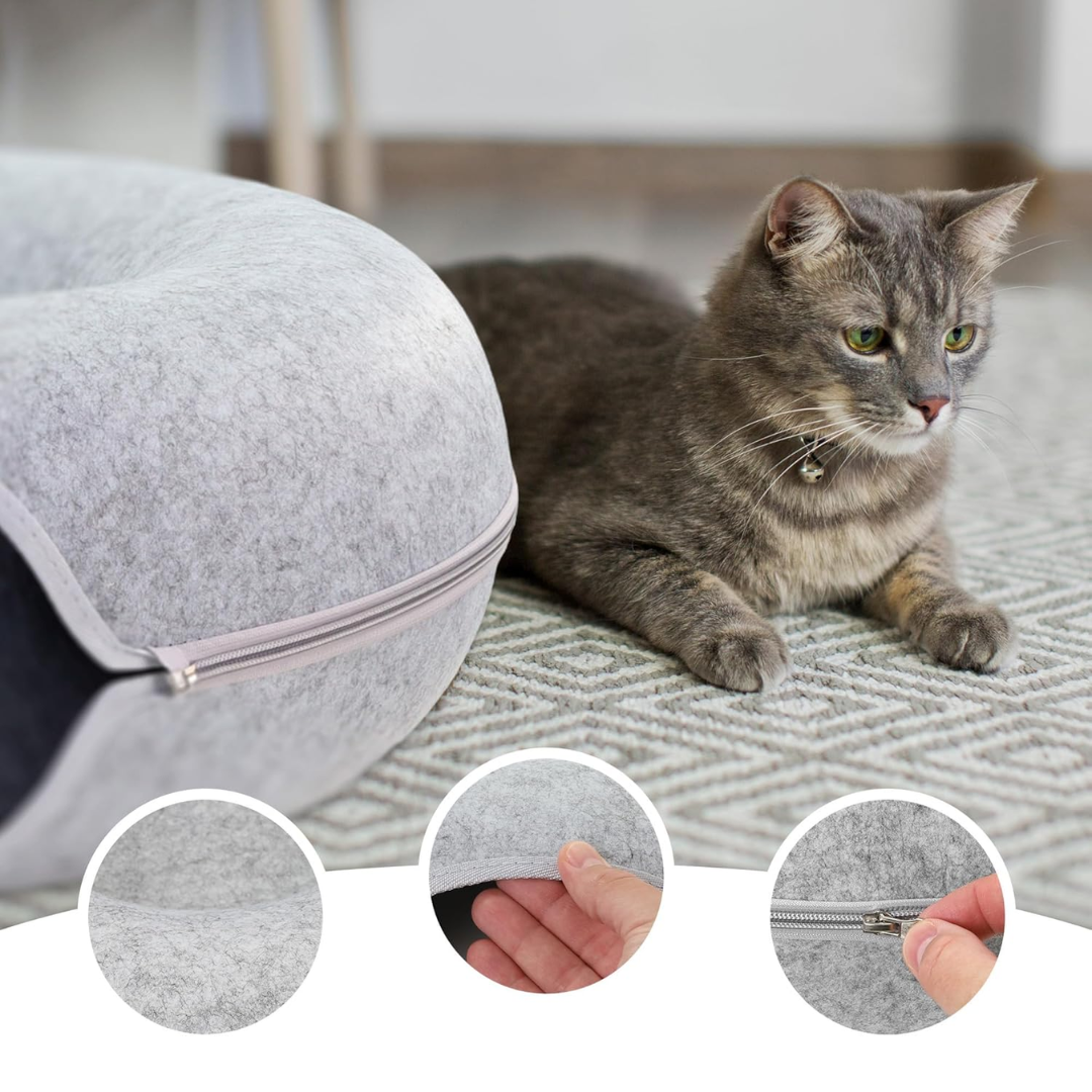 Light Grey Round Felt Cat Tunnel Bed Donut Nest Cat House with Scratcher Design for Cats