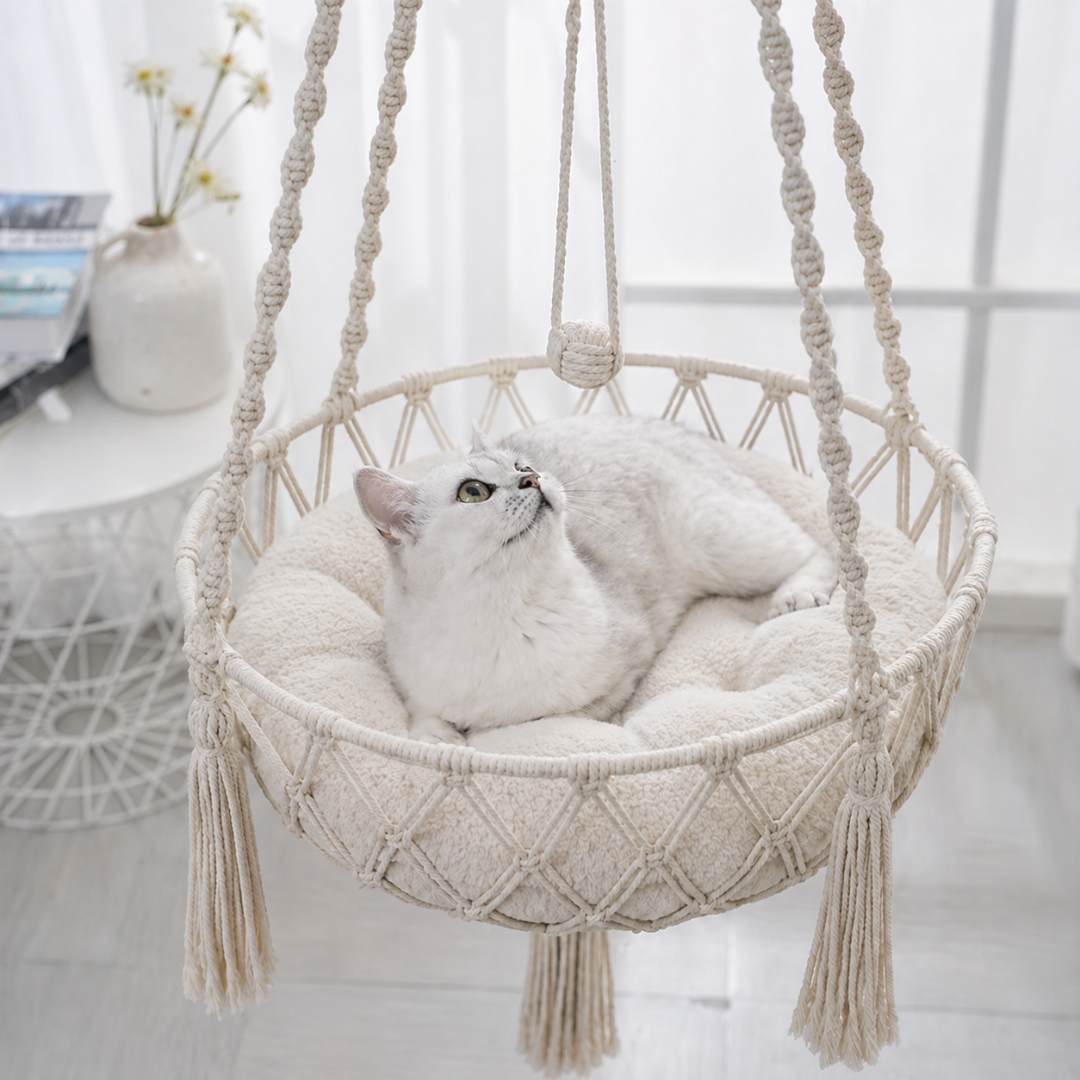 Hand Woven Cat Hanging Hammock Indoor Pet Basket with Cushion