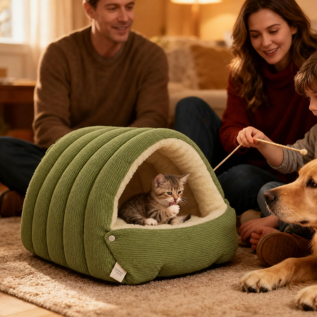 Green Enclosed Pet Bed Plush Cat Nest Soft Cushion House for Cats and Small Dogs