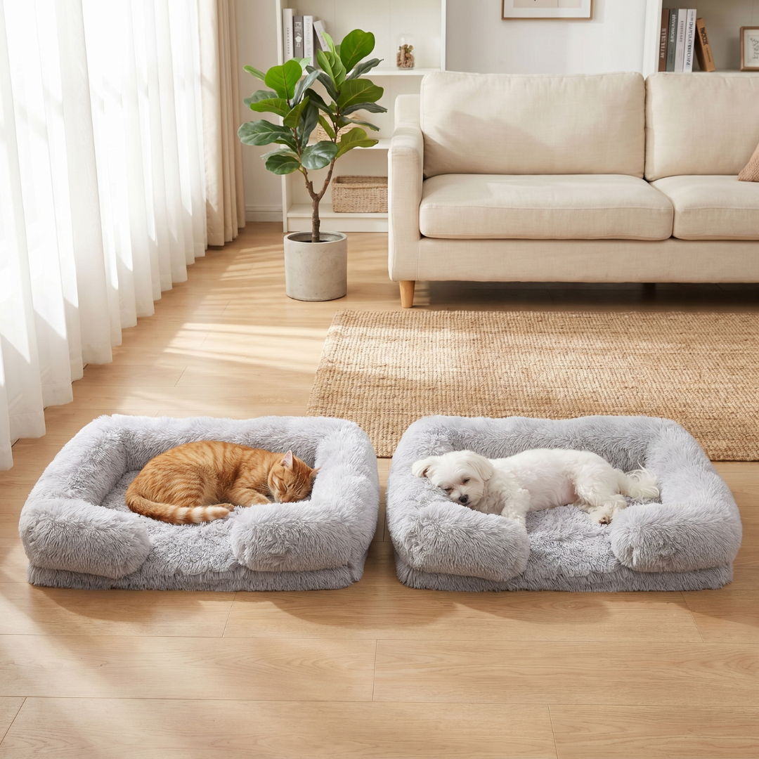 Light Grey Plush Pet Sofa Bed Square Cushion Removable Mat for Cats and Dogs