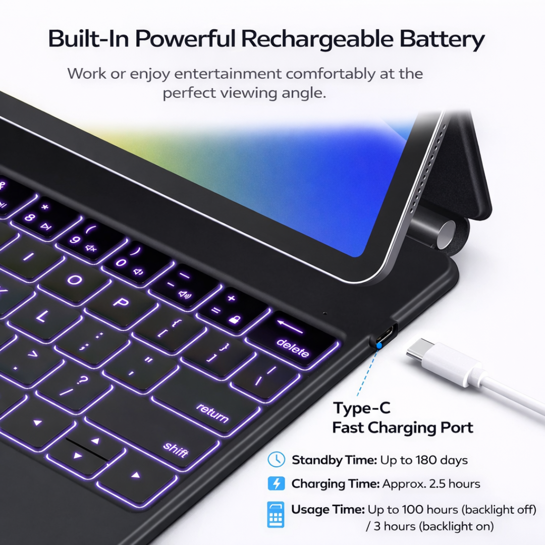 Lightweight Keyboard Case with Touchpad for 11” iPad Air M3 (2025), 11” iPad Pro (2018–2022) & iPad Air (4th/5th/6th Gen)