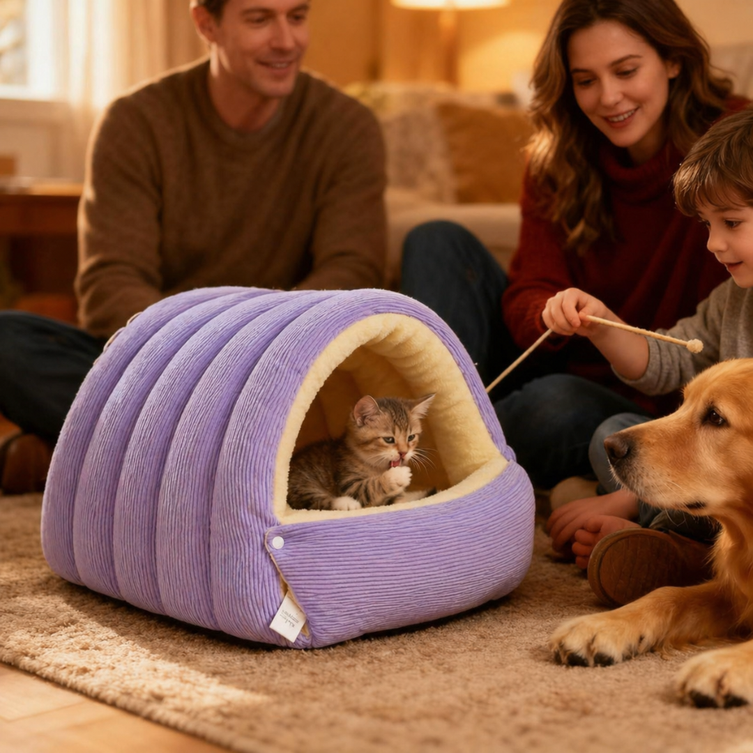 Purple Soft Plush Cat Cave Bed Enclosed Pet Nest Cushion for Cats and Small Dogs