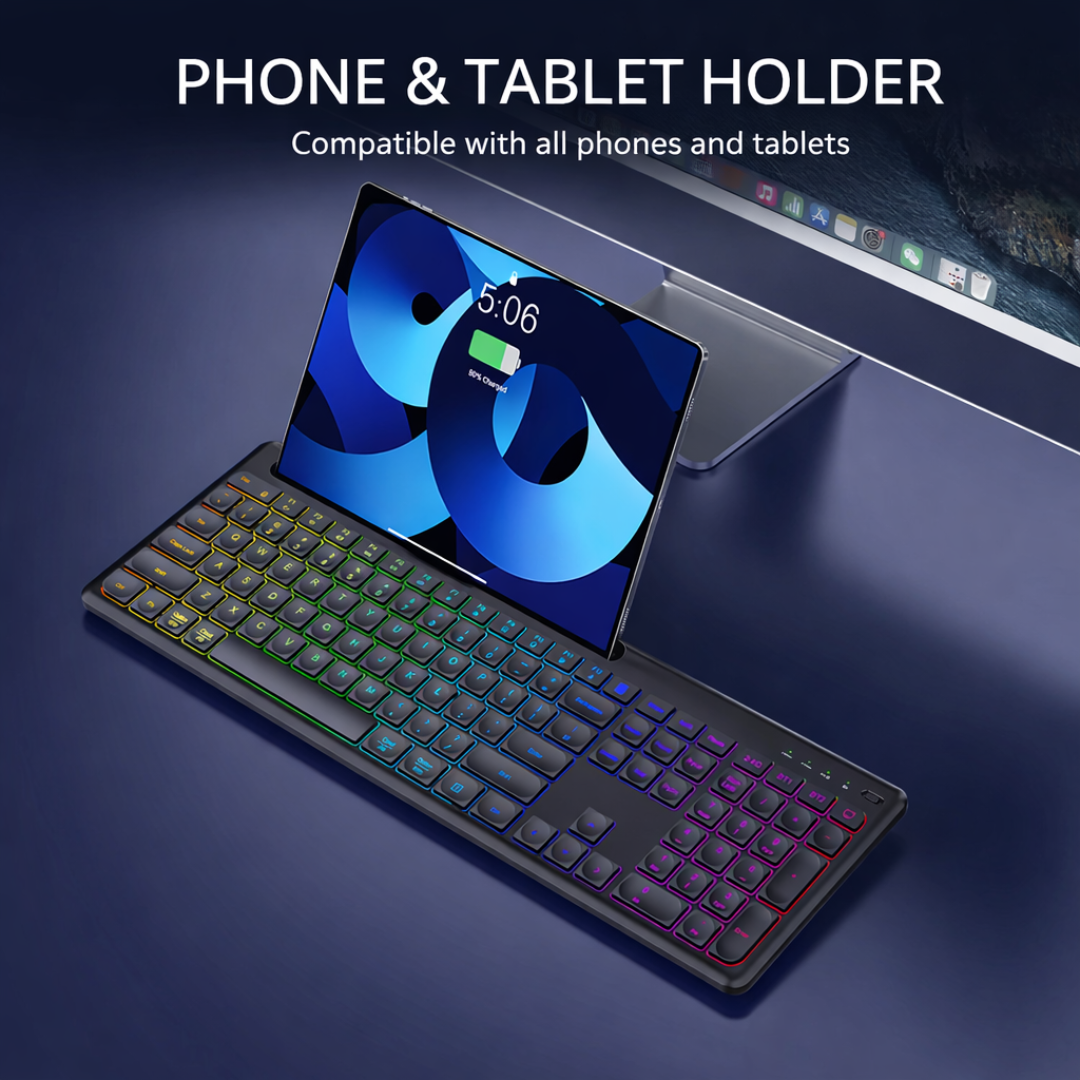 Wireless Keyboard Mouse Set Backlit Full Size Ergonomic with Phone Tablet Holder 2.4G USB