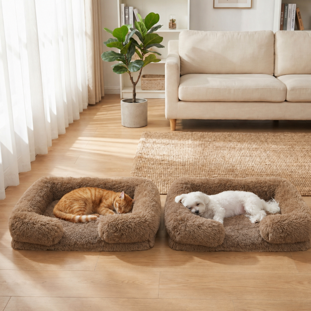Khaki Square Pet Cushion Bed Thick Plush Sofa Style Mat for Indoor Cats and Dogs