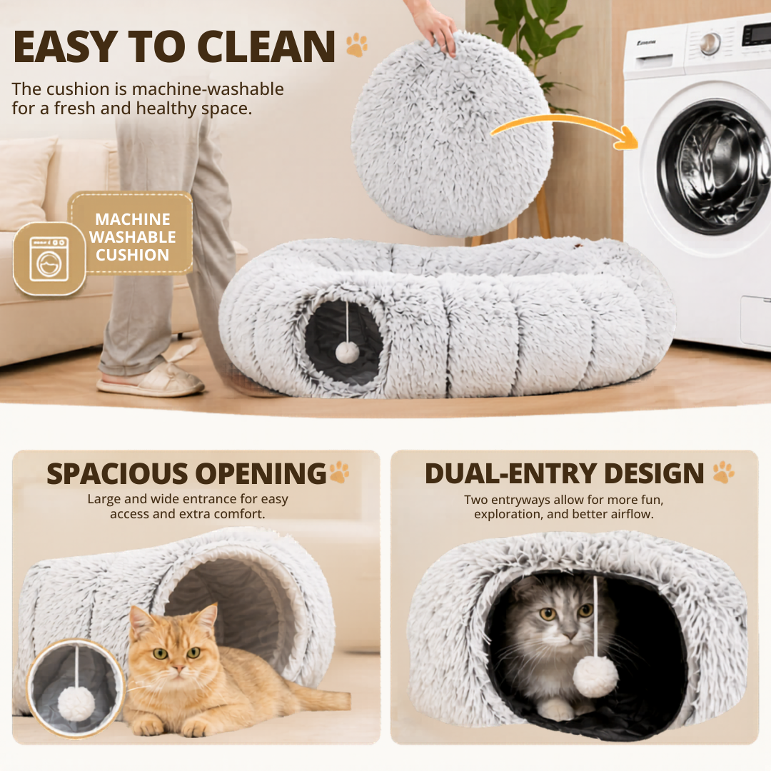 Light Grey Plush Cat Tunnel Bed 2-in-1 Foldable Round Pet Nest for Indoor Cats
