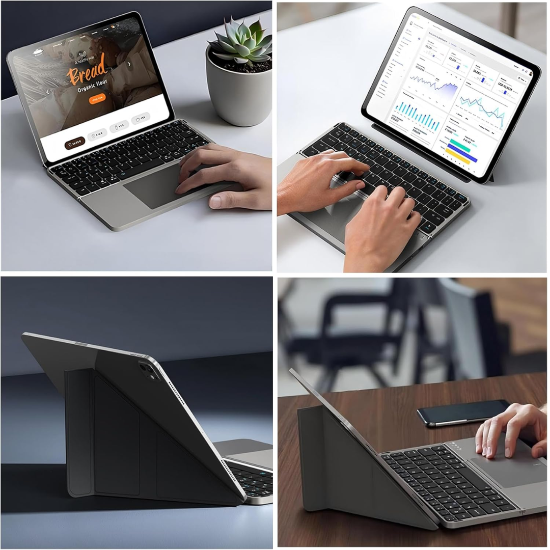 Foldable Bluetooth Keyboard with Touchpad and Phone Holder Rechargeable Portable Keyboard for Tablet Laptop