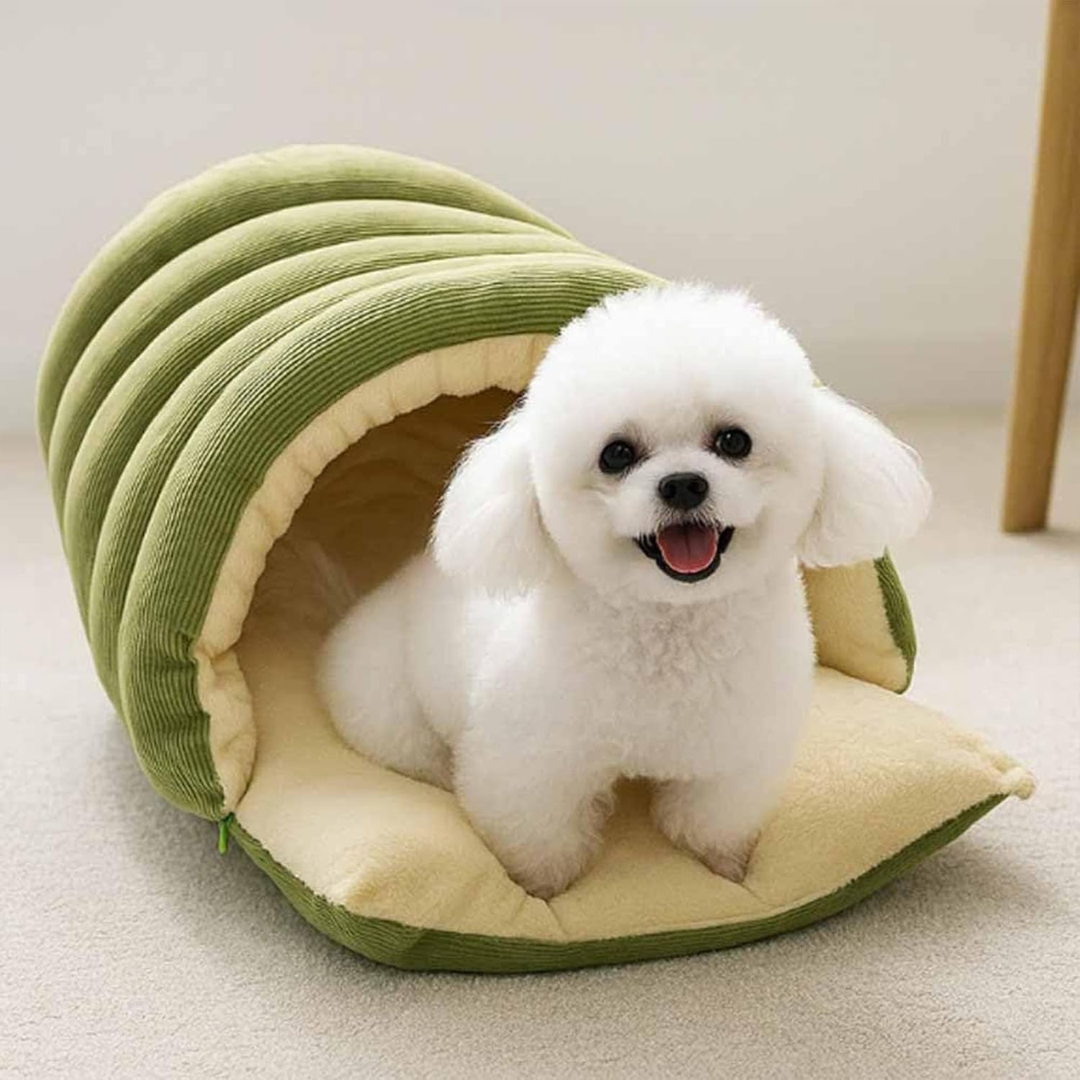 Green Enclosed Pet Bed Plush Cat Nest Soft Cushion House for Cats and Small Dogs