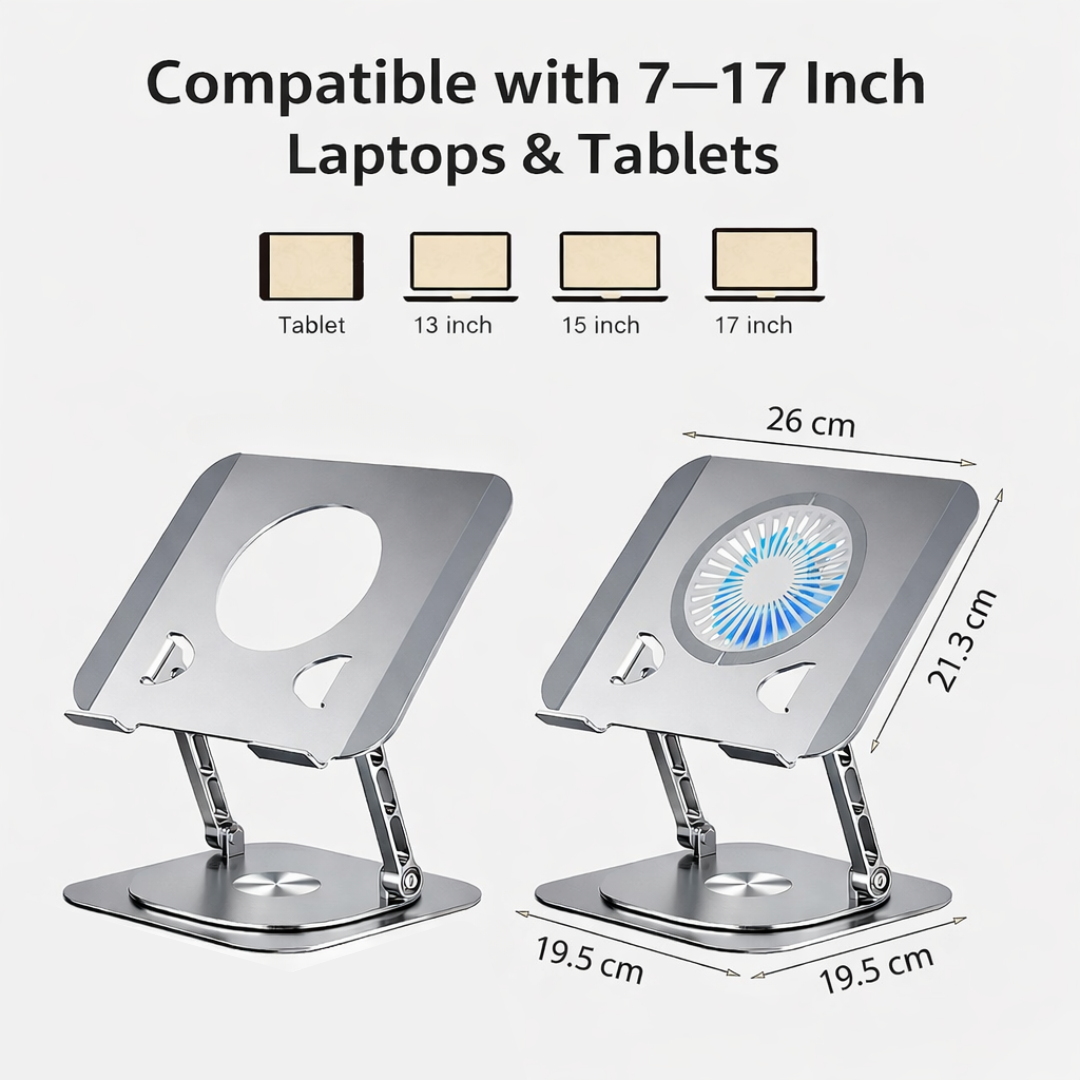 Foldable Aluminum Laptop Stand 360 Rotation Cooling Fan Adjustable Anti Slip Stand for 7–17 Inch