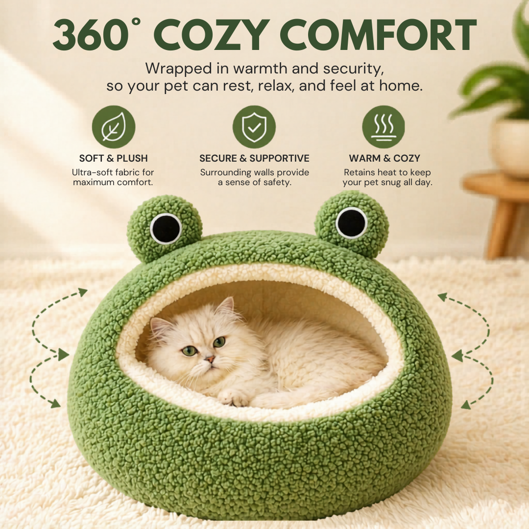 Green Plush Pet House Frog Design Semi Enclosed Cat Bed Cushion for Cats and Small Dogs