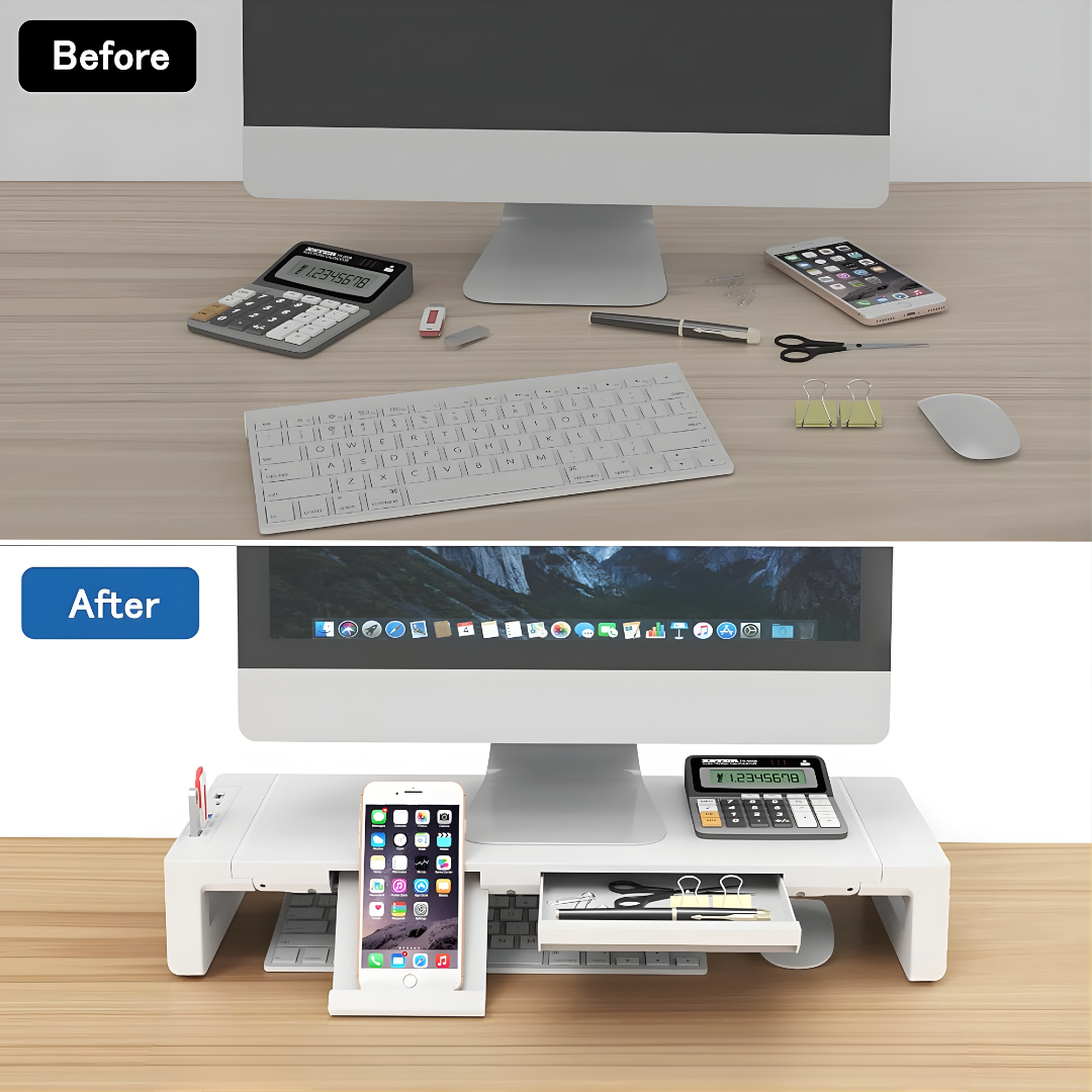 Foldable Monitor Stand Riser Adjustable Desk Shelf with Storage Drawer for Laptop PC Tablet