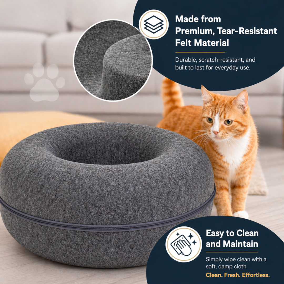 Dark Grey Round Felt Cat Tunnel Bed Donut Nest Cat House with Zipper Design for Cats
