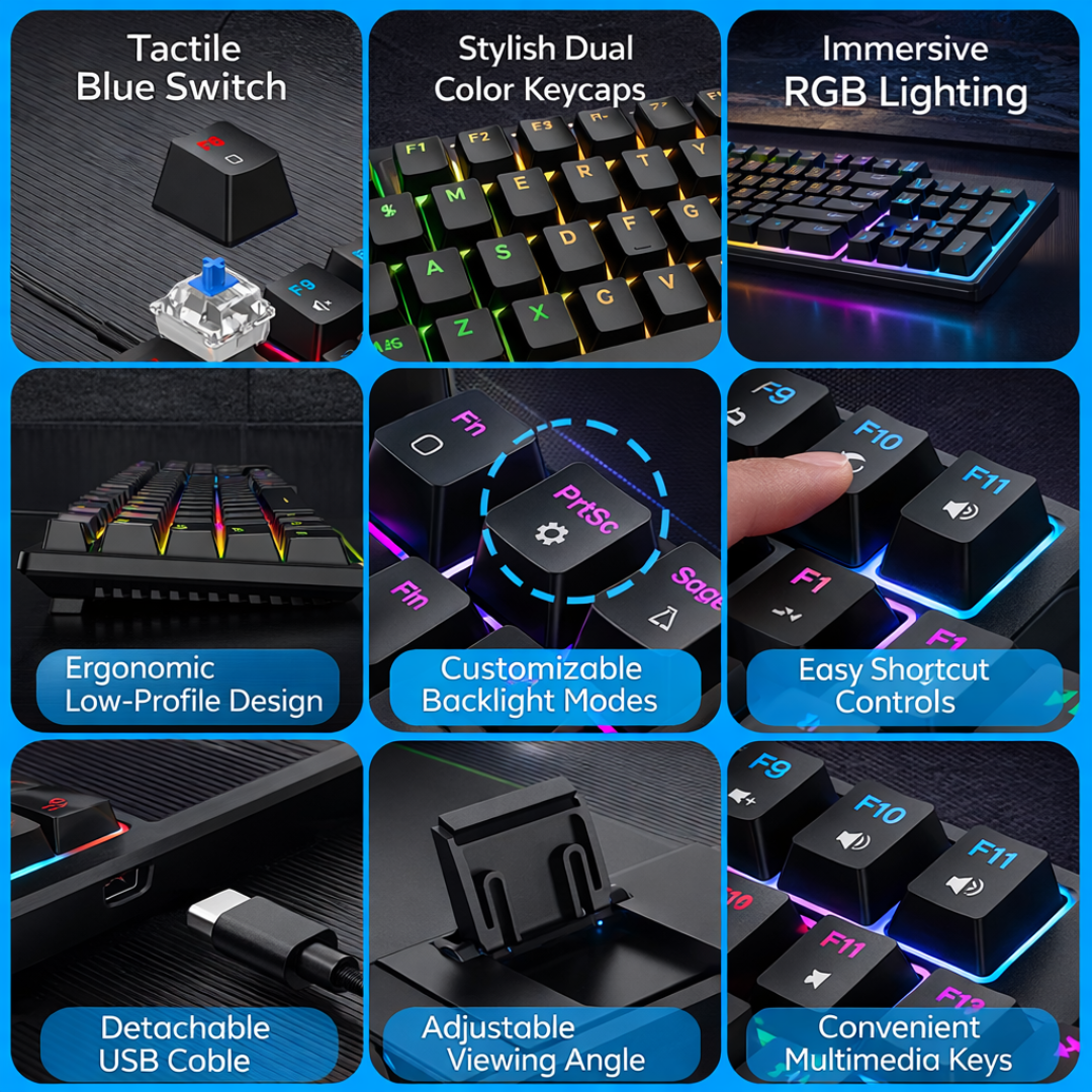 RGB Backlit Mechanical Keyboard 104 Key Wired Ergonomic Gaming Keyboard USB for Desktop Laptop