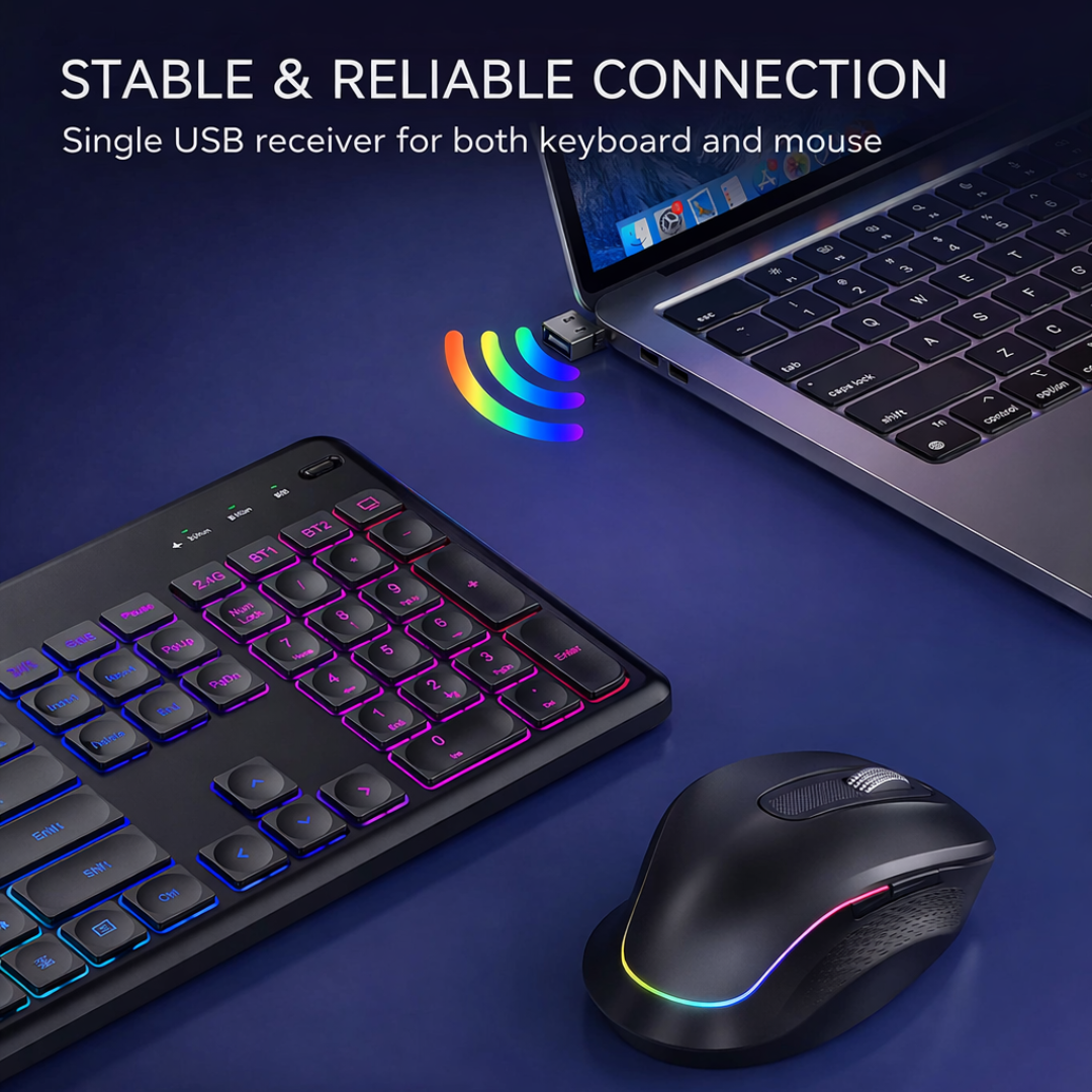 Wireless Keyboard Mouse Set Backlit Full Size Ergonomic with Phone Tablet Holder 2.4G USB