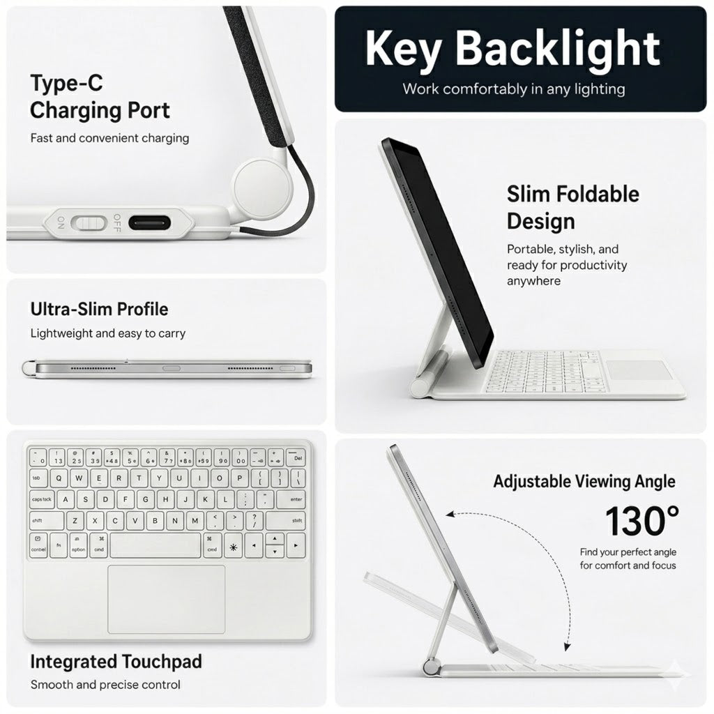 White Keyboard Case with Trackpad for Samsung Galaxy Tab S7, S8, S9 & S9 FE