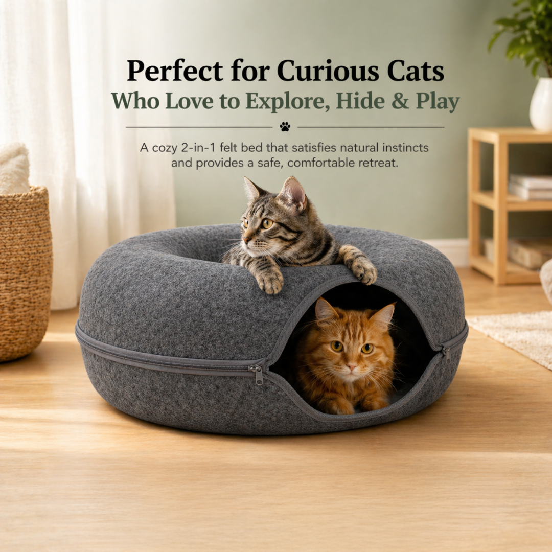 Dark Grey Round Felt Cat Tunnel Bed Donut Nest Cat House with Zipper Design for Cats
