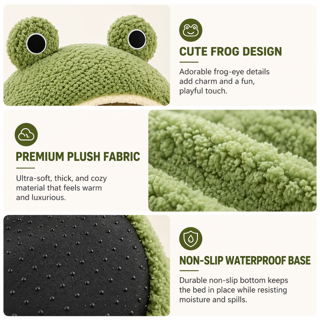 Green Plush Pet House Frog Design Semi Enclosed Cat Bed Cushion for Cats and Small Dogs