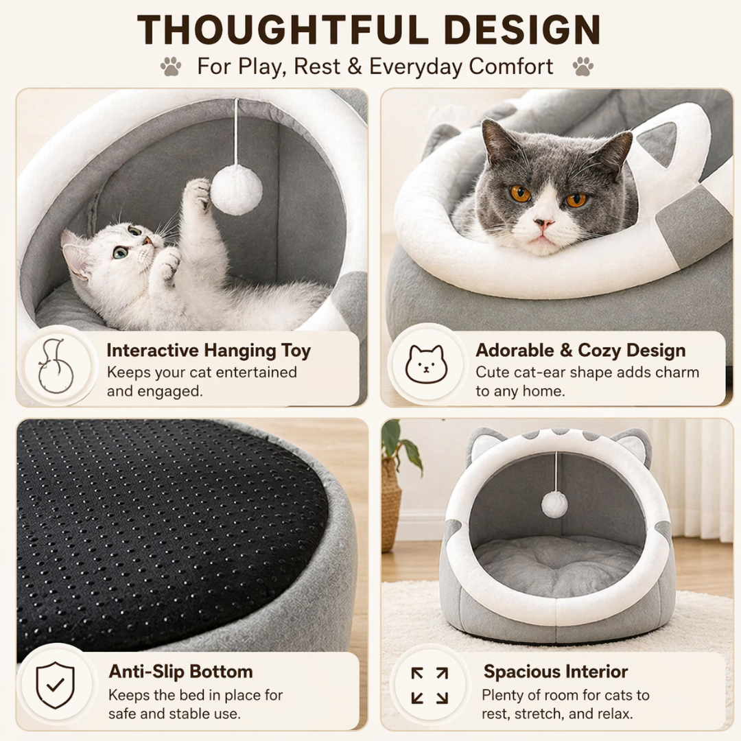 Grey Cotton Enclosed Pet House Cat Bed Cushion Nest for Cats and Small Dogs Indoor
