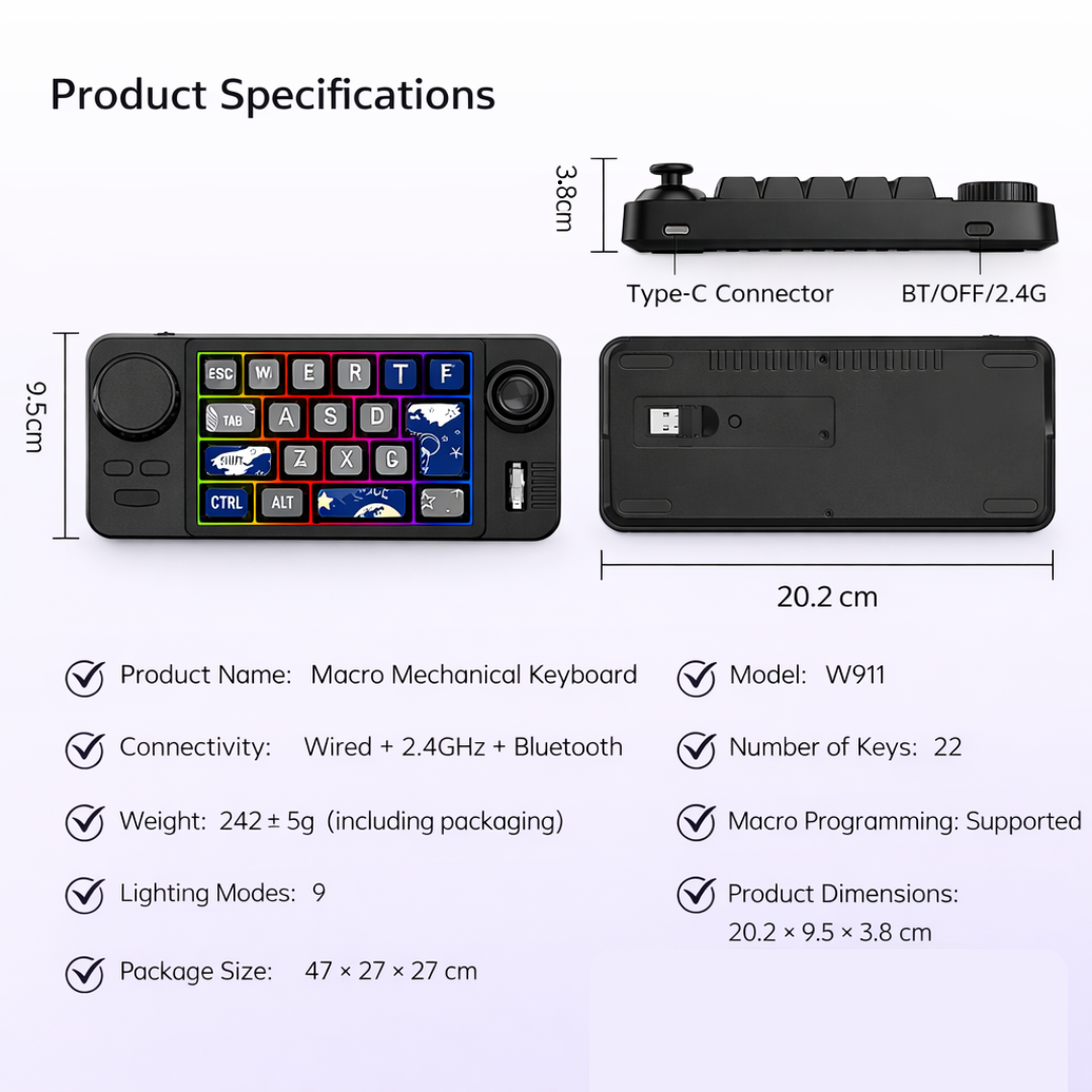 3 Mode Wireless Mechanical Macro Keyboard 19 Key RGB Backlit Programmable Keypad